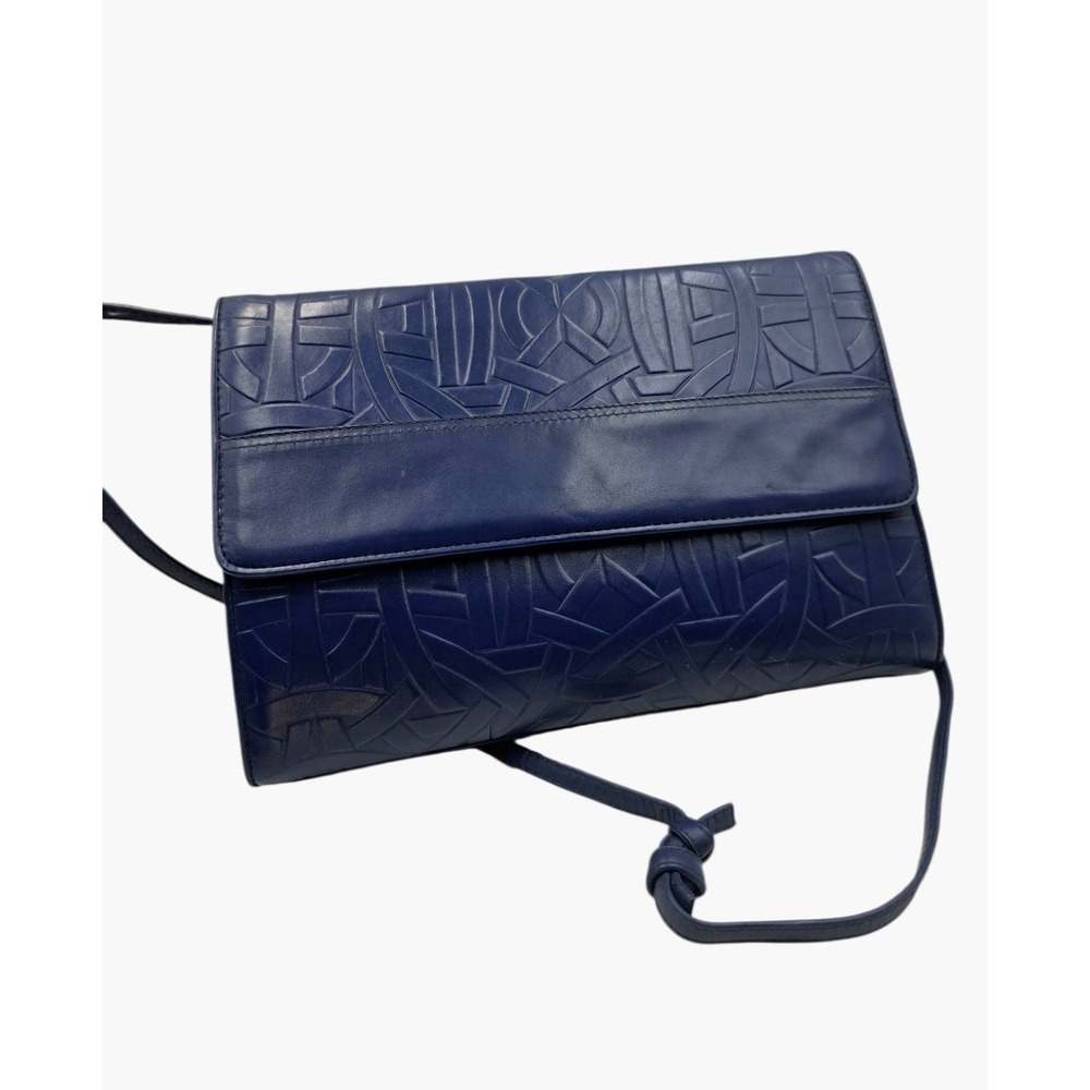 VTG Blue Soft Leather Clutch Crossbody Purse Geometric Embossed Flap 12x9